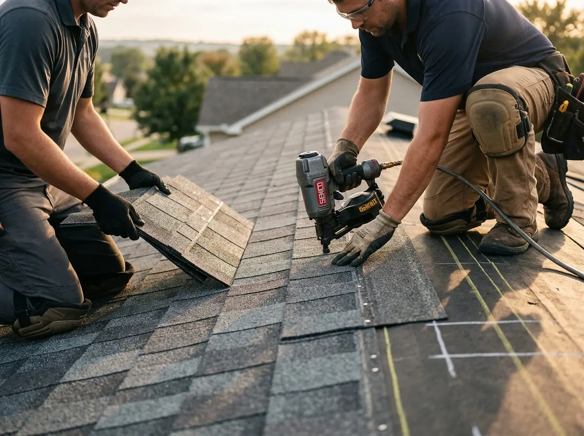 Professional roofer working on a residential roof in Brevard